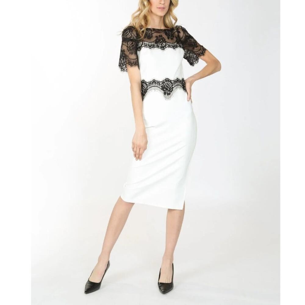 Beulah Women's Lace Trim Semi Formal Midi Dress – White/Black – Sz Large Unique